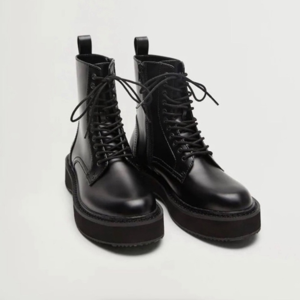 Mango Black Lace-Up Combat Boots Lug Sole